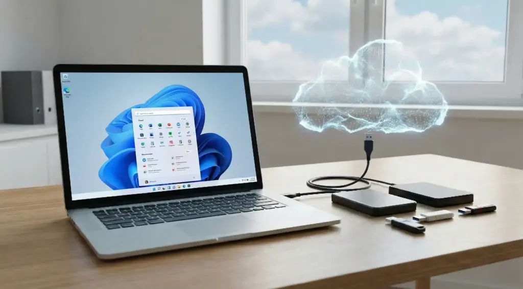 木製のデスク上に置かれたノートパソコンと、その横に並べられた複数の外付けハードディスクおよびUSBメモリ。USBケーブルが接続された先には、発光する青いデジタルな雲のホログラムが浮かんでいる。窓の外には青空が広がっている。