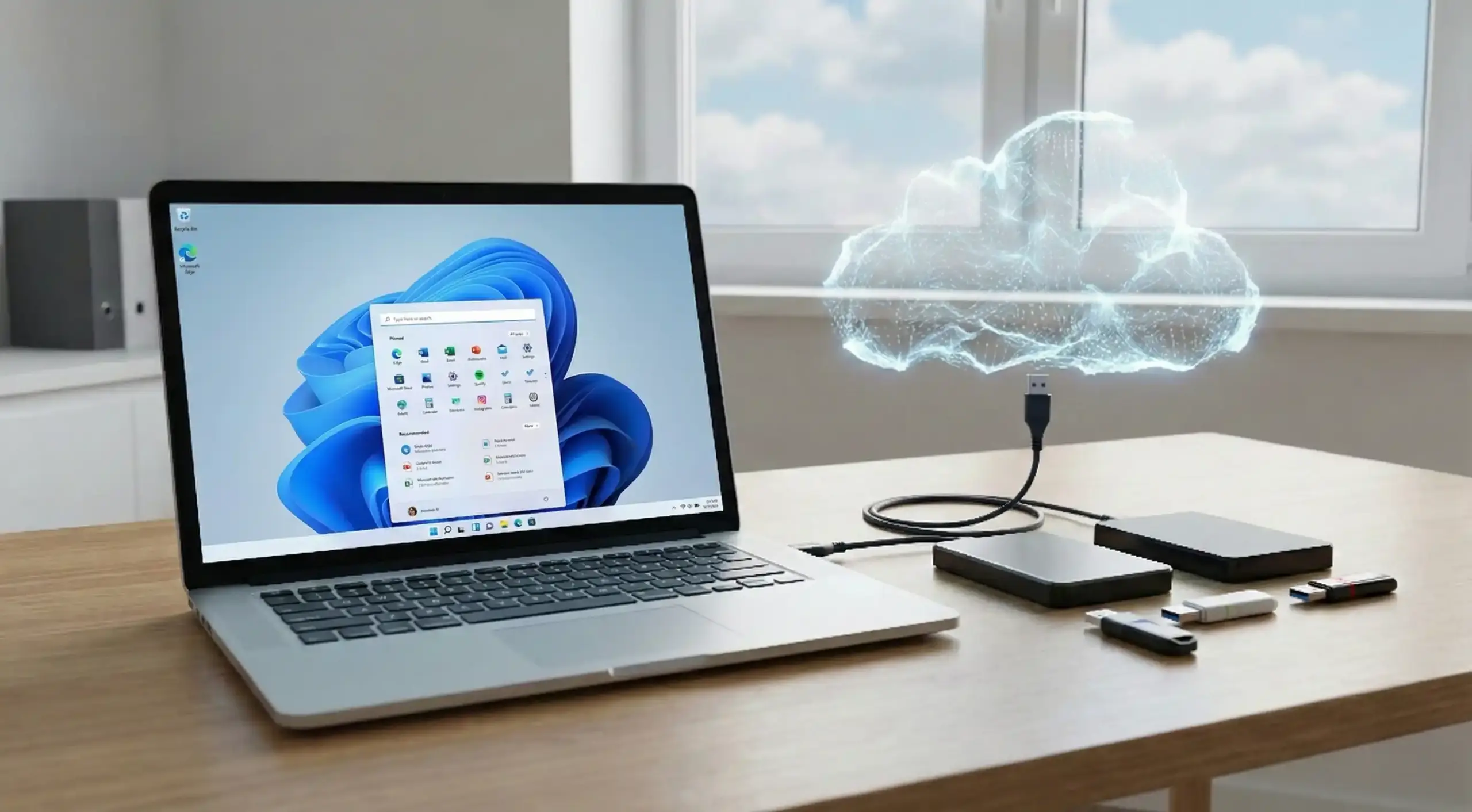 木製のデスク上に置かれたノートパソコンと、その横に並べられた複数の外付けハードディスクおよびUSBメモリ。USBケーブルが接続された先には、発光する青いデジタルな雲のホログラムが浮かんでいる。窓の外には青空が広がっている。