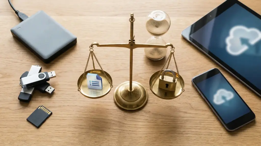 木製のデスク上に、外付けHDD、USBメモリ、SDカードと、クラウドのアイコンが表示されたタブレット、スマートフォンが置かれている。中央には天秤があり、片方の皿には書類のアイコン、もう片方には南京錠のアイコンが載せられ、釣り合っている。天秤の隣には砂時計がある。真上からの視点。
