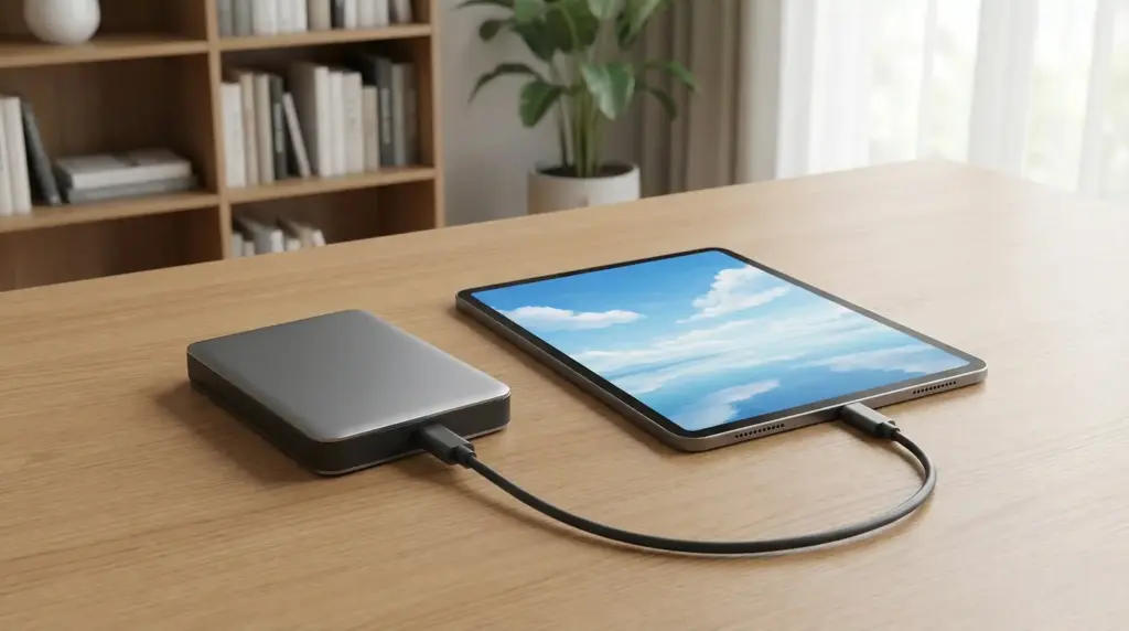 整頓された木製のデスク上に、外付けハードディスクと、青空の画像が表示されたタブレットが置かれている。両者はケーブルで接続されており、背景には本棚と観葉植物がある落ち着いた部屋の様子が写っている。自然光が差し込んでいる。