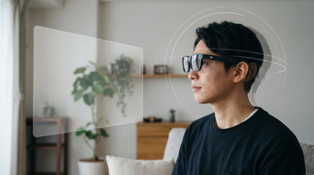 頭を動かしても仮想画面が空間に固定されている様子