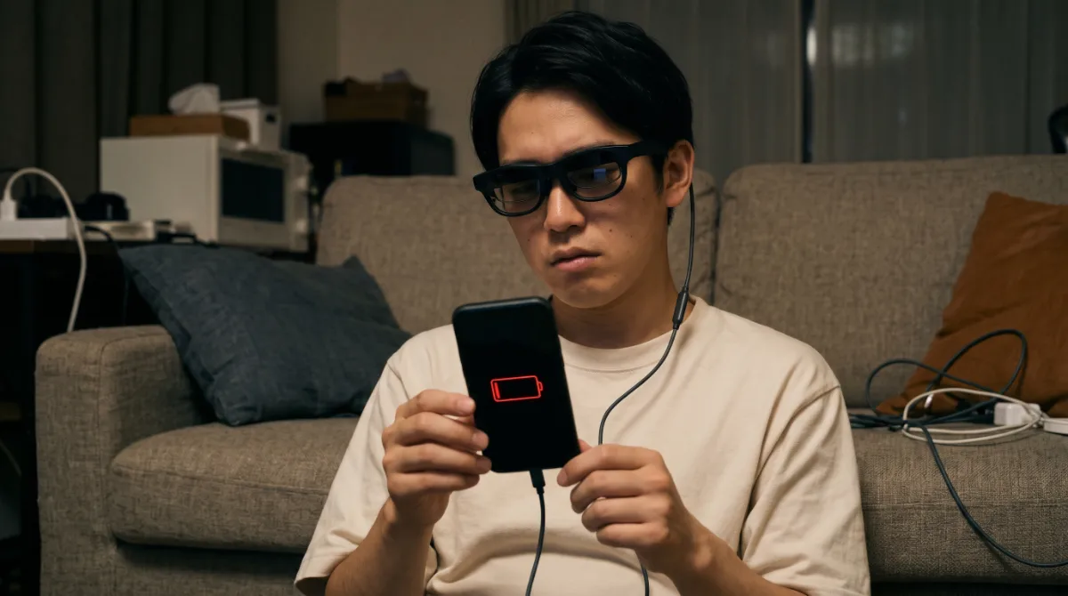 ケーブルやバッテリーを気にしながらARグラスを使う人