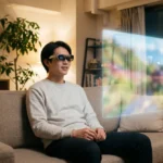 ARグラスをかけてソファで大画面の映像を楽しむ人