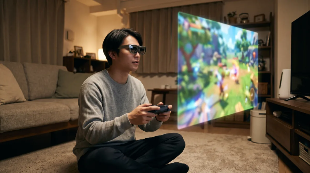 ARグラスをかけてコントローラーでゲームをする人