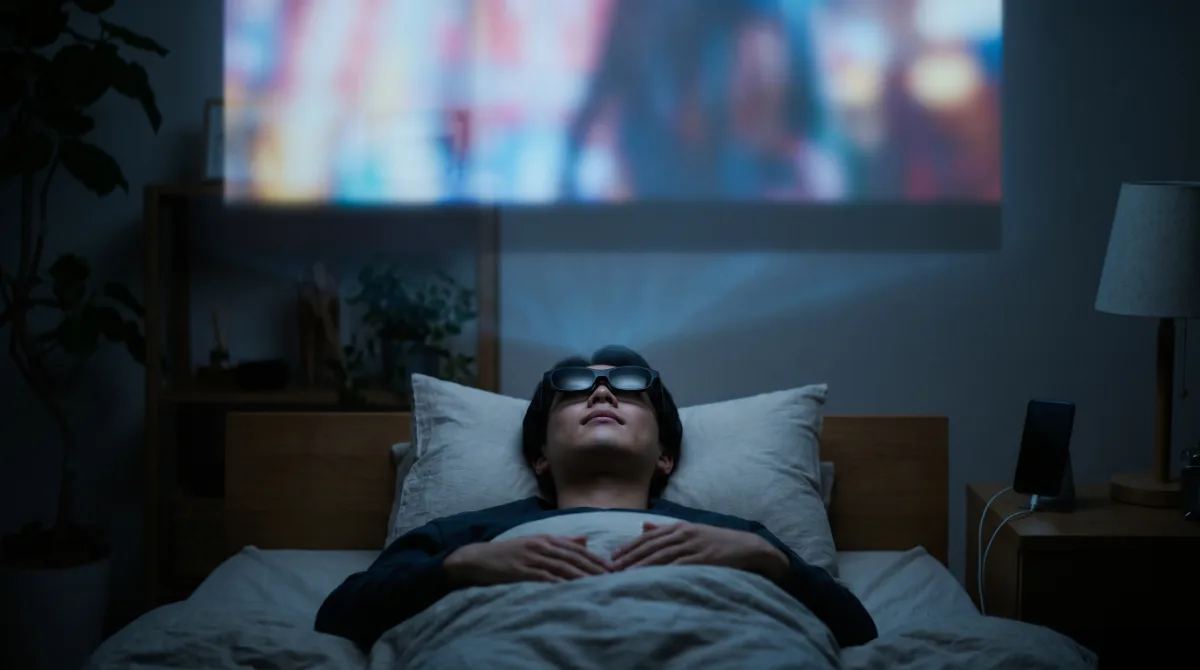 ベッドでARグラスをかけて映画を見る人