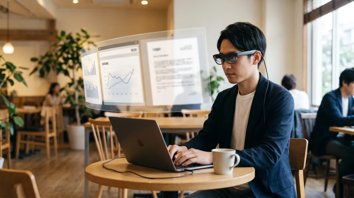 カフェでノートPCとARグラスを使い複数の仮想画面で作業する人