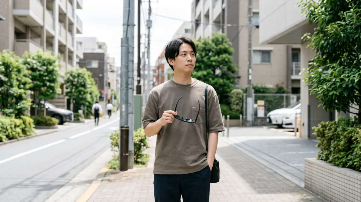 歩く前にARグラスを外して周囲を確認する人